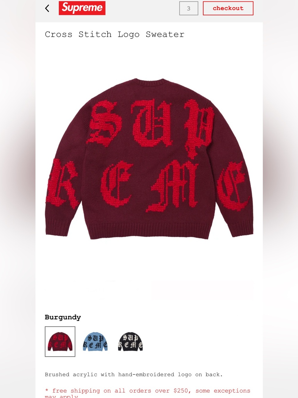 Supreme Cross Stitch Logo Sweater “Burgundy” Sz-XL